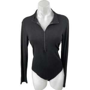 NEW Mango Pop Women's Black Half Zip Collared Long Sleeve Polo Shirt Bodysuit XL